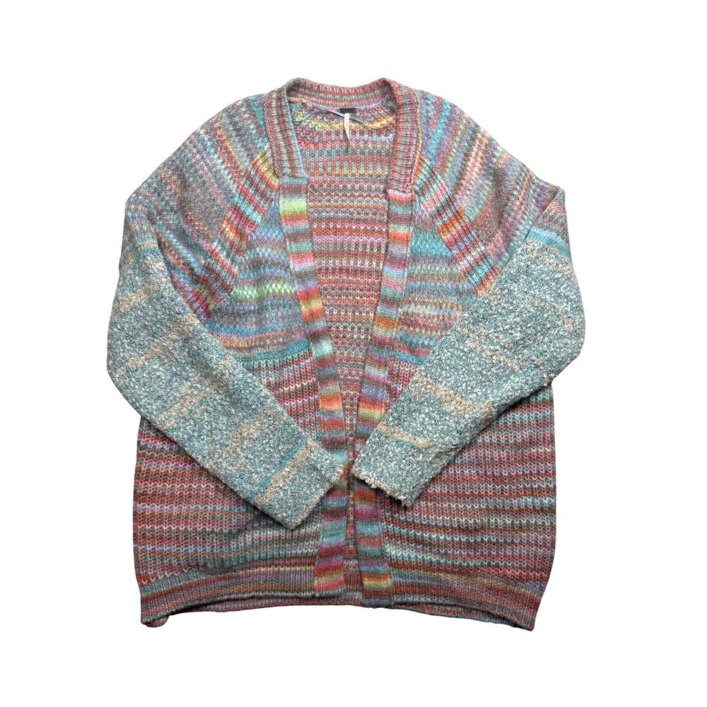 Free People Rainbow Striped Open Front Knit Cardigan Sweater Small Multi-Color